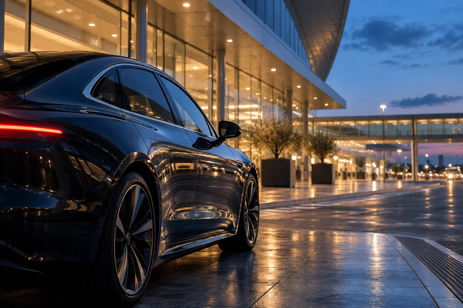 Illustrative airport pickup scene at blue hour